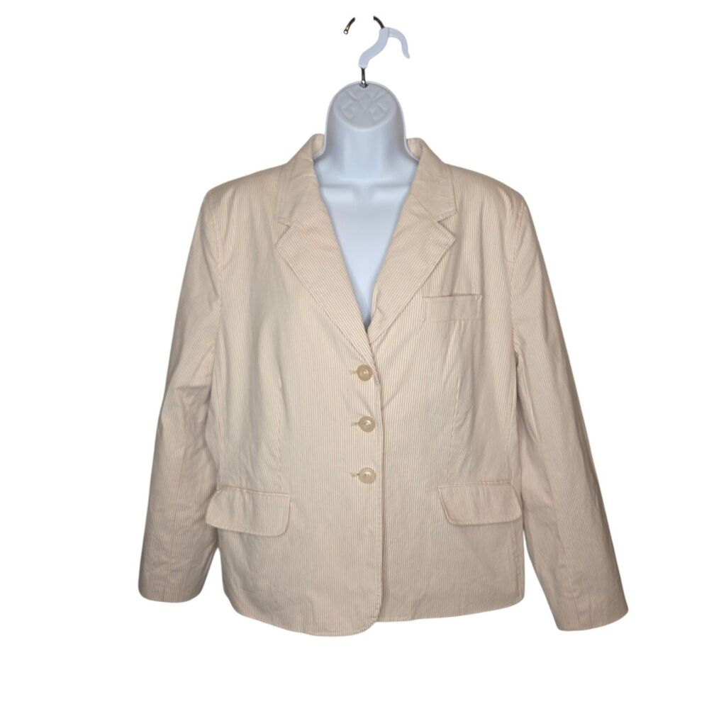 Attention Seersucker Stripe Blazer Jacket Beige Tan Cream Cotton Blend Size 18